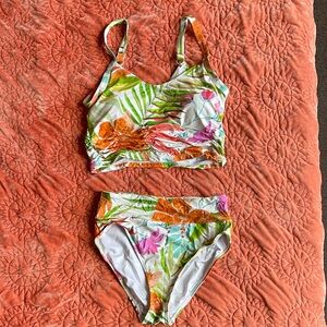 Tropical Floral Two-Piece Bikini Set in White and Orange